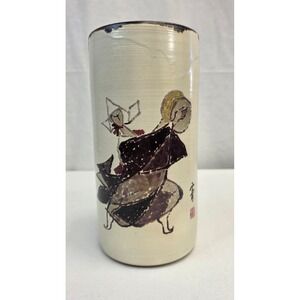 Japanese Studio Pottery Cylinder Vase Hand Painted Figure Signed Artist Seal 9in